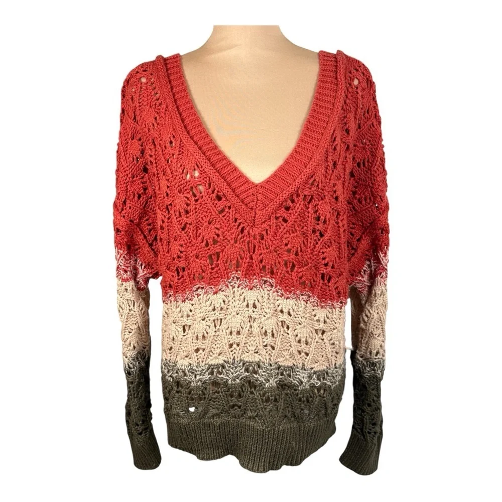 Anthropologie POL Loose Knit Color Block Crochet V-Neck Sweater, Slouchy Medium